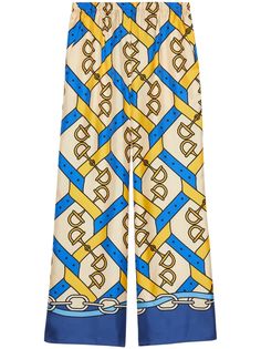 yellow silk all-over graphic print elasticated waistband multicolour flared Gucci Pants, Horsebit Loafers, Gucci Outfits, Gucci Horsebit, Yellow Silk, Gg Marmont, Demi Fine Jewelry, Iconic Bags, Italian Designer