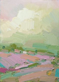 an abstract painting of green and pink fields