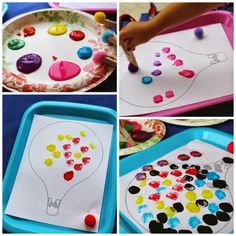 the process for making an art project with paper plates and colored buttons on it, including a lightbulb