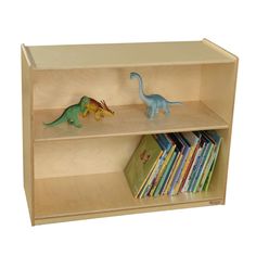 a book shelf with two dinosaur figurines on it