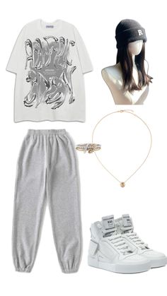 a white shirt, grey sweatpants and sneakers are featured in this fashion lookbook