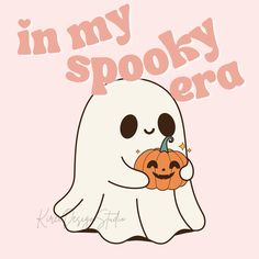 In My Spooky Era, Spooky Cute Art, Halloween Cute Art, Ghost Illustration Cute, Cute Ghost Holding Pumpkin, Halloween Design Graphic, Ghost Holding Pumpkin, Spooky Halloween Art, Been Booed