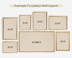 six frames are shown with the measurements for each wall hanging on it's side