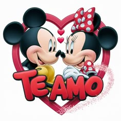 mickey and minnie kissing with the word teamo in front of it's heart