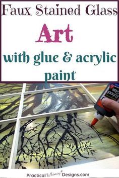 a person is painting with glue and acrylic paint on the glass window frame