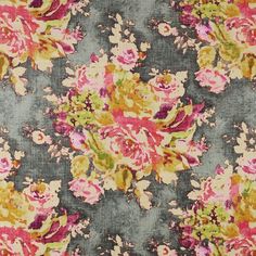 an area rug with flowers on it in grey, pink and yellow colors is shown