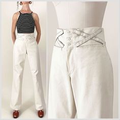 1970s canvas wide leg sailor pants. High rise, wide waistband with criss-cross details in the front and back, zipper fly, and front and back seam pockets below the waist. Off-white, speckled canvas fabric. In overall great vintage condition with a couple minor marks - please see photos.   All measurements are taken with the garment laying flat and doubled for the bust, waist, and hips.  Waist: 30.5" resting - 31" pulled taut Hips: 39" Front Rise: 11" Back Rise: 15" Upper Thigh: 11.75" across Inseam: 32" Label: No brand Material: Looks/feels like cotton canvas Size on Tag: N/A Approx. Fit: 31X32  Some garments have been adjusted in photos to fit the form. Please reference measurements provided for true size.  *I don't accept returns so please ask any questions before purchase. I'm happy to Vintage High Waist White Pants, Vintage High-waist White Pants, White High Waist Vintage Pants, Vintage Fitted Cotton Wide Leg Pants, Vintage High-waisted Wide Leg Cotton Pants, Horse Vintage, Pants High Waisted, Sailor Pants, Branding Materials