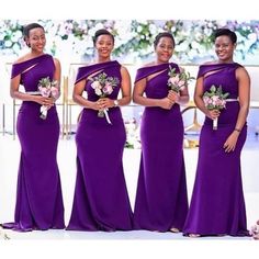 the bridesmaids are wearing purple dresses with one shoulder and two side slits