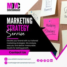 a bulletin board with sticky notes on it and the words marketing strategy service written in pink