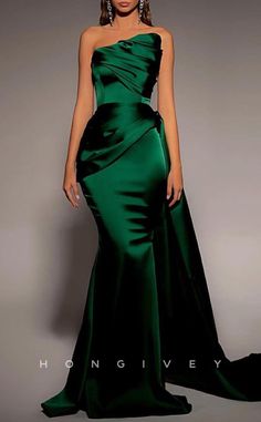 L1844 - Sexy Satin Fitted Asymmetrical Sleeveless Empire Ruched With T Prom Dress With Ruffles, Sleeveless Prom Dress, Ellie Saab, Strapless Prom Dress, Green Mermaid, Prom Dresses Sleeveless, Dress With Ruffles, Ball Gowns Evening, Evening Dress Fashion