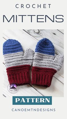 the crochet mittens pattern is shown in red, white and blue