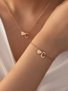 Yellow Gold Fashionable Collar     Embellished   Women's Fashion Jewelry C Bracelet, Coffee Brown Color, Diamond Monogram, Heart Decor, Gold Jewelry Stores, Letter Pendant Necklace, Novelty Bags, Women's Jewelry Sets, Classy Jewelry