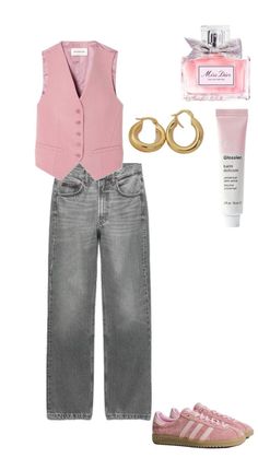 a pink vest, jeans and shoes are arranged on a white background with the items in front