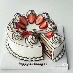 a white cake with strawberries on top and the words happy birthday written below it