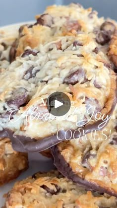 chocolate chip cookies are stacked on top of each other with the words, crumbs and joy