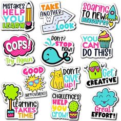 various stickers with different phrases on them