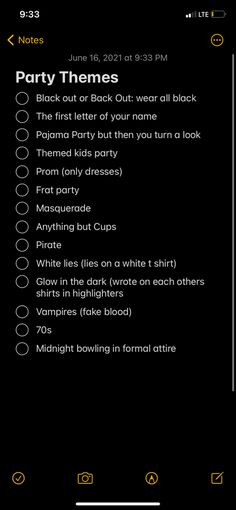 the party themes menu on an iphone screen, with yellow and black text above it