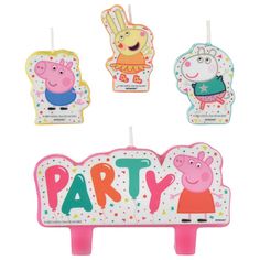 peppa pig birthday candles are shown in three different colors and designs, with the words party on them