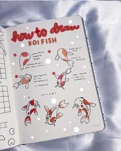 an open book with drawings of koi fish on it's cover and the title how to draw koi fish written in red