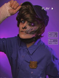 a man with his face painted like a cat wearing a police uniform and holding up the top of his hat