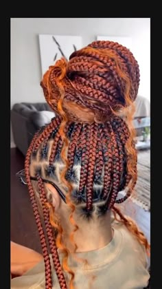 Ginger Braids Hairstyles For Black Women, Long Colored Braids For Black Women, Large Copper Knotless Braids, Different Color Box Braids Black Women, Ginger Black Braids, Knotless Braids With Ginger Color, Goddess Braids Ginger Color, Ginger Hair Black Women Knotless Braids, Boho Braids Black Women With Color