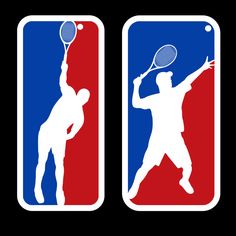 two stickers depicting the silhouettes of people playing tennis on different colored and black background