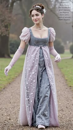 This Regency-style gown, with its lavender and dark grey tones and intricate floral detailing, is an ideal choice for zodiac signs that value subtle elegance and introspective beauty. Virgo would admire the dress’s detailed embroidery and structured silhouette, echoing their love for refinement and order. Pisces, with their romantic nature, would be drawn to the ethereal quality of the sheer overlay and dreamy textures. Scorpio connects with the muted, mysterious colors, resonating with their depth and allure. Blending autumn 2024 trends, this gown embodies a quiet sophistication that these signs appreciate. Discover more about yourself on our astrology website! #pinterest #zodiac #astrology  #Halloween #Empire #Regency #holiday #christmas #dress #costumes #Parties #Festive #Virgo #Pisces Old Fashioned Ball Gowns, Bridgerton Romance, Romantic Nature, Met Gala Dresses, Long Gown Design, Virgo Pisces