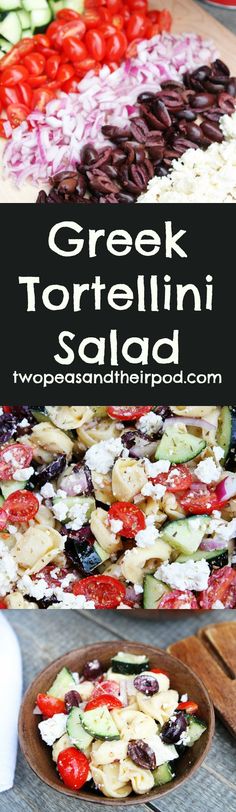 greek tortellini salad with tomatoes, cucumbers and olives on the side