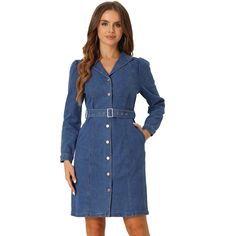 This women's denim shirt dress features a lapel-collared design that exudes classic elegance. The belt accent and pockets add a touch of modernity to this versatile piece. Made of denim materials, this dress is built to last. It's comfortable to wear and is designed to keep you looking stylish all day long. Whether you're running errands or attending a casual event, this dress will keep you looking chic and put-together. Dress it up with heels or keep it casual with sneakers - the possibilities Long Sleeve Denim Dress For Work, Fitted Collared Denim Jacket, Belted Medium Wash Denim Dress For Work, Denim Shirt Dress For Work And Fall, Collared Denim Dress For Fall, Belted Long Sleeve Denim Dress In Medium Wash, Classic Long Sleeve Denim Dress, Fitted Collared Denim Dress With Buttons, Fall Denim Blue Belted Denim Dress