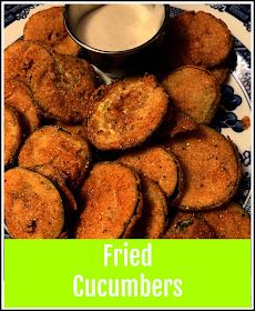 fried cucumbers on a plate with ranch dip in the middle and green border