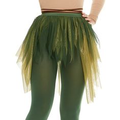 a woman wearing green and yellow tulle skirt with black stockings on her leggings