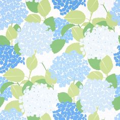 blue and green hydrangeas with leaves on a white background, seamless pattern