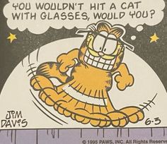 garfield the cat cartoon on a ruler with thought bubble above it that says you wouldn't hit a cat with glasses, would you?