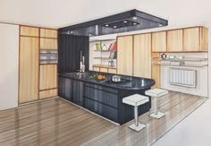 an artist's rendering of a kitchen with black counter tops and white stools