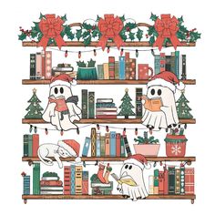 a book shelf filled with lots of books and decorated christmas decorations on top of it