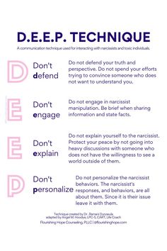 The D.E.E.P. technique is a communication technique used for interacting with narcissists and toxic individuals. The best communication technique is no communication and no contact. If you must interact with a narcissist consider using D.E.E.P. Communication Techniques, Online Counseling, Group Ideas, Therapy Worksheets, Mental And Emotional Health