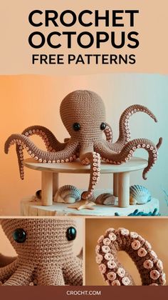 the crochet octopus is sitting on top of a table with an octopus in it's mouth