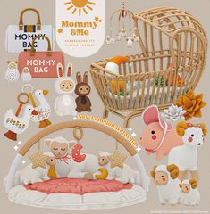 an image of a baby's room with animals and toys on the floor, including a crib