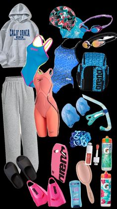 the contents of a barbie doll's swimsuit and accessories are laid out on a black background