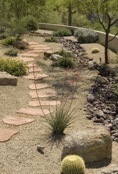 a garden with rocks and plants in the center, along with a stone path that leads to an overhang