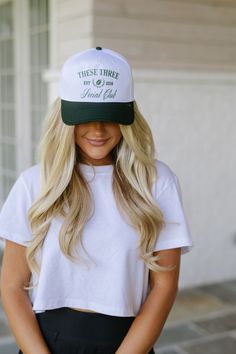 Complete your casual look with our These Three Trucker Hat in green and white. Designed with an adjustable fit for maximum comfort, this trucker hat features "These Three Est. 2016 Social Club." Maxi Tops, Dresses By Length, Social Club, Short Rompers, Top Sales, Casual Look, Green And White, Skirt Pants, Set Dress