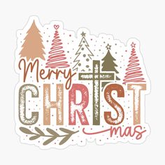 merry christmas sticker with trees and lettering