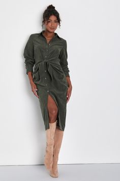 Green Suede Dress - Button-Up Midi Dress - Tie-Front Midi Dress - Lulus Whbm Outfits, Green Outfits For Women, Olive Green Shirt Dress, Green Dress Outfit, Fall Fashion Dresses, Green Shirt Dress, Sleek Dress, Fall Boots, Olive Green Dresses