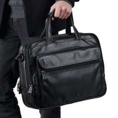 Main Material: Genuine Leather Decoration: Ruched Closure Type: Zipper Capacity: 15.6" Laptop Packable Leather Travel Case With Laptop Sleeve, Modern Black Laptop Bag With Zipper Closure, Black Travel Cases With Zipper Pocket, Classic Black Briefcase With Zipper Closure, Classic Black Briefcase With Zipper, Functional Leather Laptop Bag For Business Trips, Black Leather Laptop Bag With Large Capacity, Black Briefcase With Zipper Pocket For Business, Black Business Briefcase With Zipper Pocket