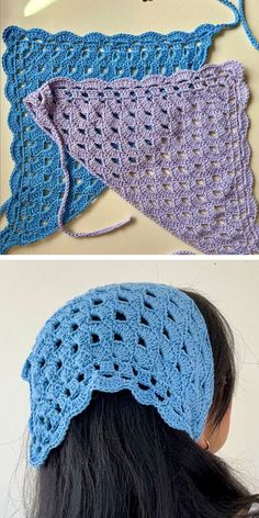 crocheted headbands are shown in three different colors and sizes, one is blue