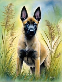 a painting of a dog standing in tall grass