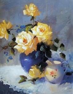 a painting of yellow roses in a blue vase