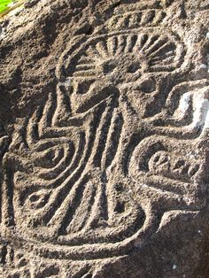 a rock with carvings on it and grass in the background