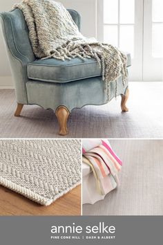 an upholstered chair and blanket are featured in the article annie selke