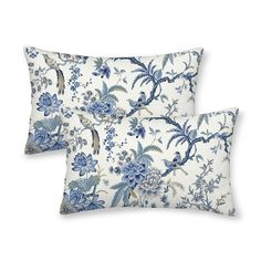 two blue and white floral pillows